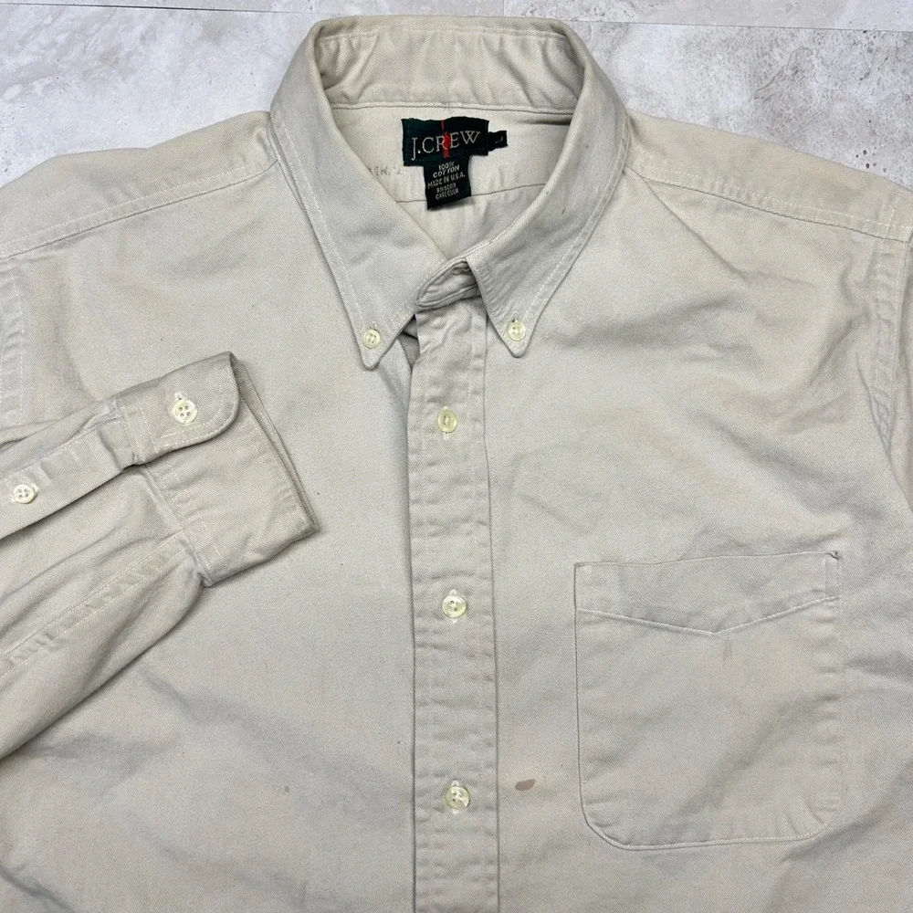 J.Crew Oarsman Shirt Beige Khaki Mens Large Vintage Made in USA Cotton Twill
